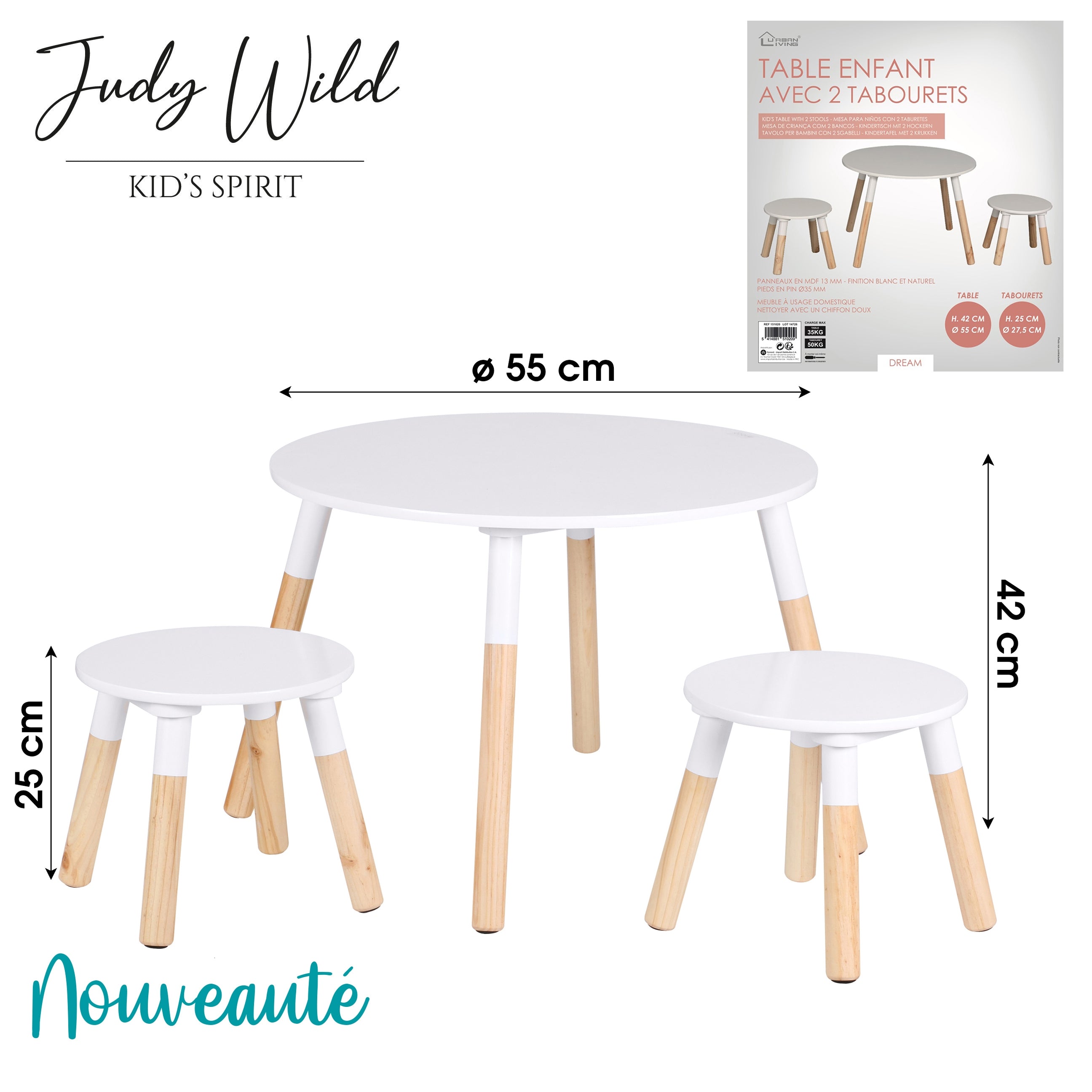 Table enfant avec 2 tabourets Blanc - Atmosphera For Kids