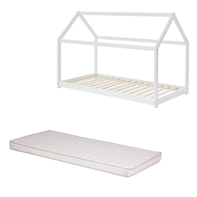 Ensemble Lit Cabane Blanc 90x190 cm + Matelas Enfant 90x190x10 - Laïba Kids