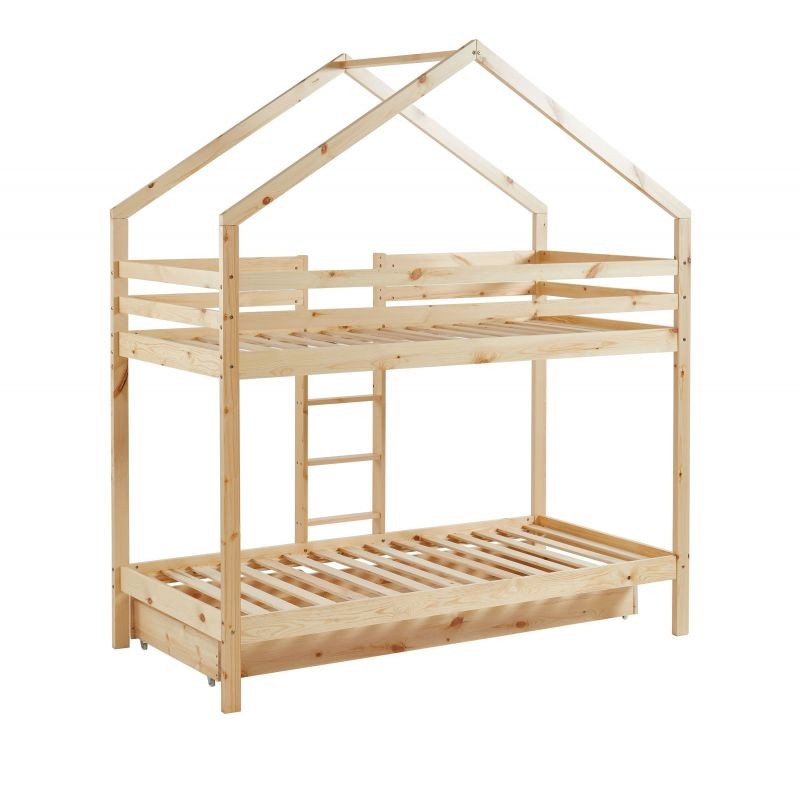 Lit cabane superposé avec tiroir Caravane des Rêves Naturel 90x190 - Laïba Kids