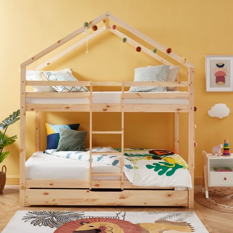 Ensemble Lit Superposé Caravane Beige 90x190 + 2 Matelas Enfants 90x190x10 - Laïba Kids