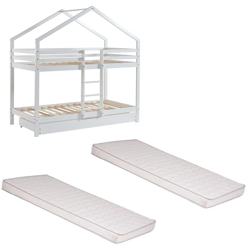 Ensemble Lit Superposé Caravane Blanc 90x190 + 2 Matelas Enfants 90x190x10 - Laïba Kids