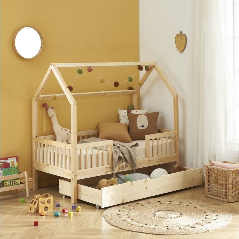 Lit cabane avec barrière et tiroir Safari Beige 70x140 - Laïba Kids