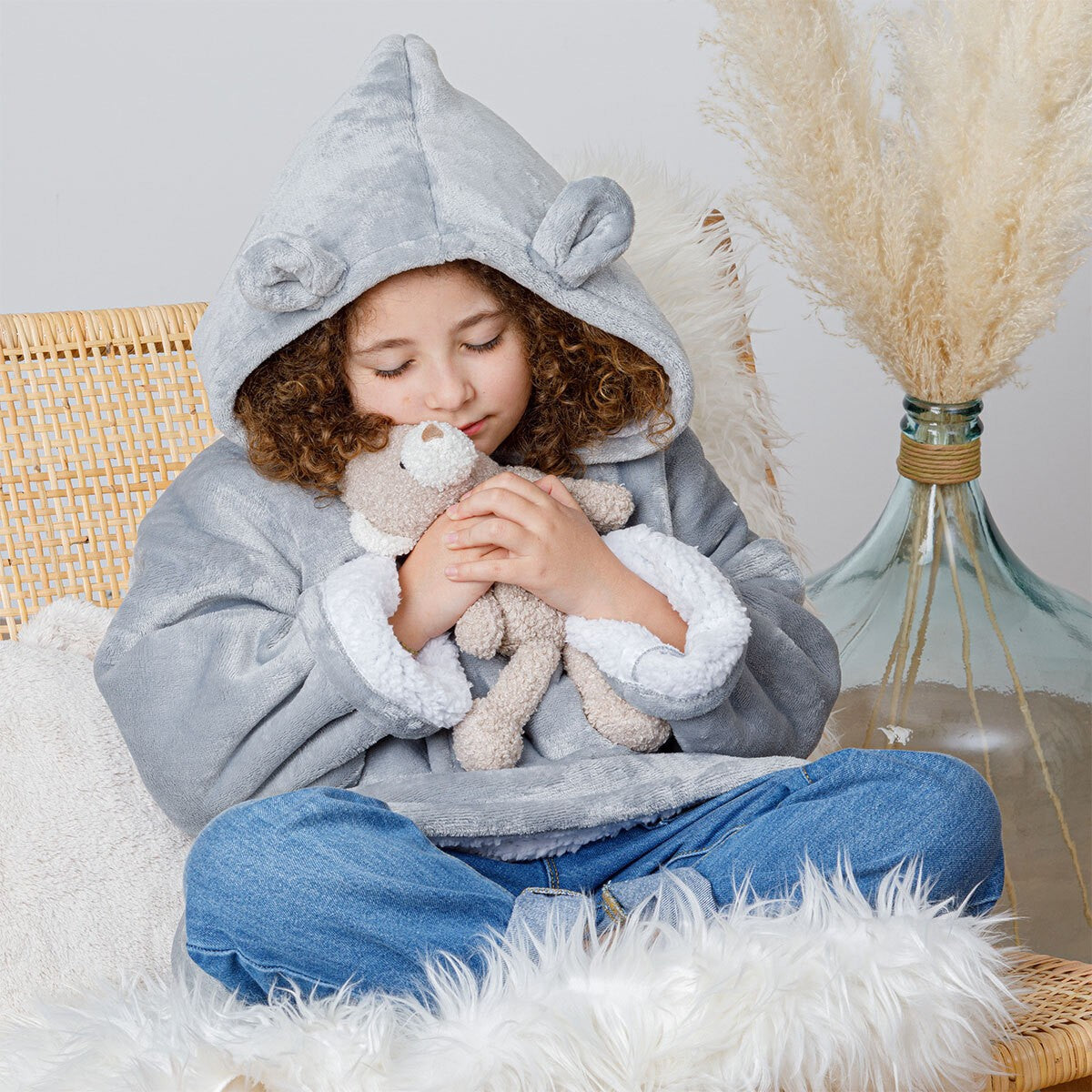 Plaid manche à capuche Ours Gris 3-10 ans - Atmosphera