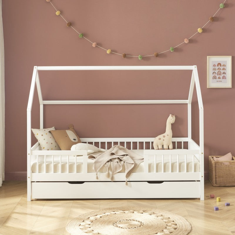 Lit Cabane Avec Barrières Et Tiroir Luna Blanc 90x190 - Laïba Kids