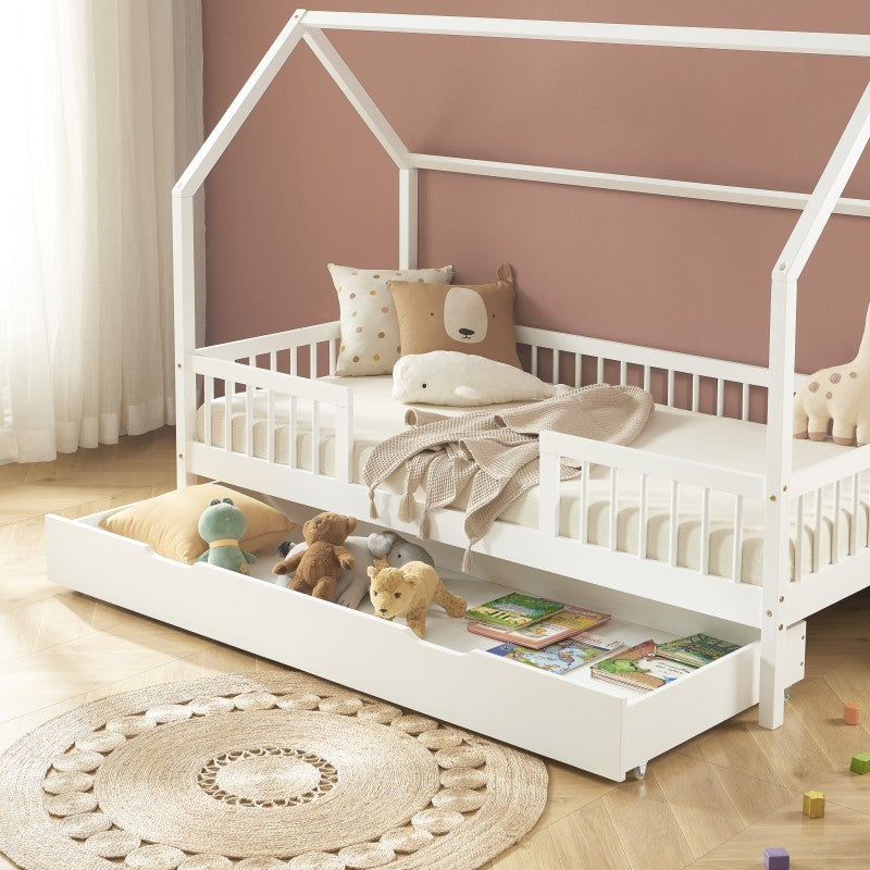 Lit Cabane Avec Barrières Et Tiroir Luna Blanc 90x190 - Laïba Kids