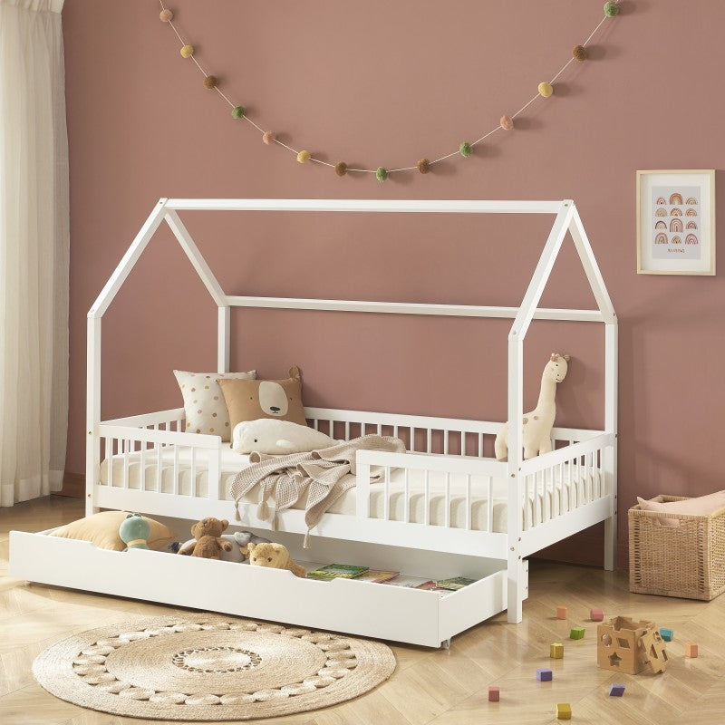 Lit Cabane Avec Barrières Et Tiroir Luna Blanc 90x190 - Laïba Kids