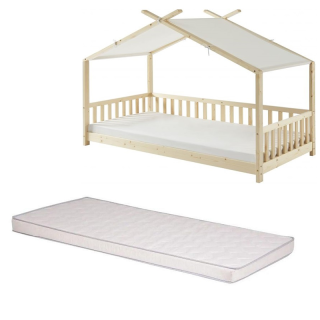 Ensemble Lit Tente Barrière Beige 90x190 cm + Matelas Enfant 190x90 - Laïba Kids