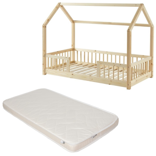 Ensemble Lit cabane avec barrières Explorateur Beige 70x140 avec matelas enfant Blanc 70x140 - Laïba Kids