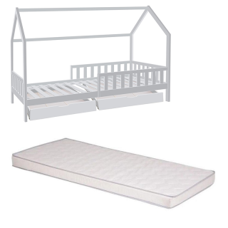 Ensemble Lit cabane avec 2 tiroirs 90x190 cm + Matelas enfant 90x190 cm Blanc - Laïba Kids