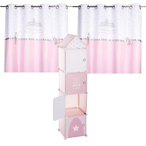 Tour colonne de rangement Rose + 2 rideaux princesse Rose noeud brodé - Atmosphera For Kids