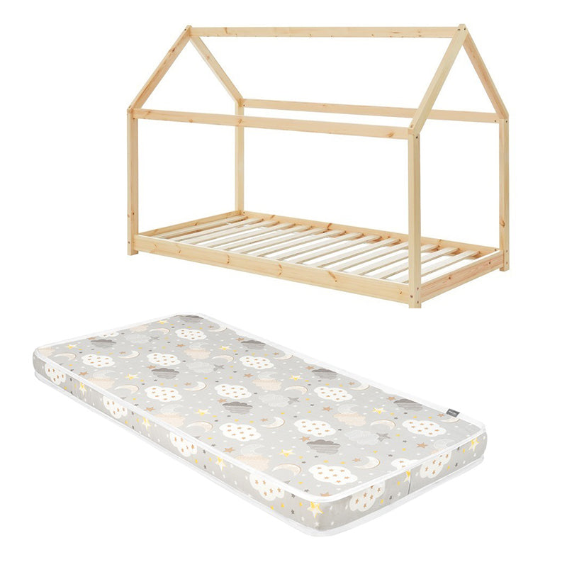 Ensemble Lit Cabane des Rêveries Beige 70x140 avec matelas enfant Nuages Gris 70x140x9 - Laïba Kids