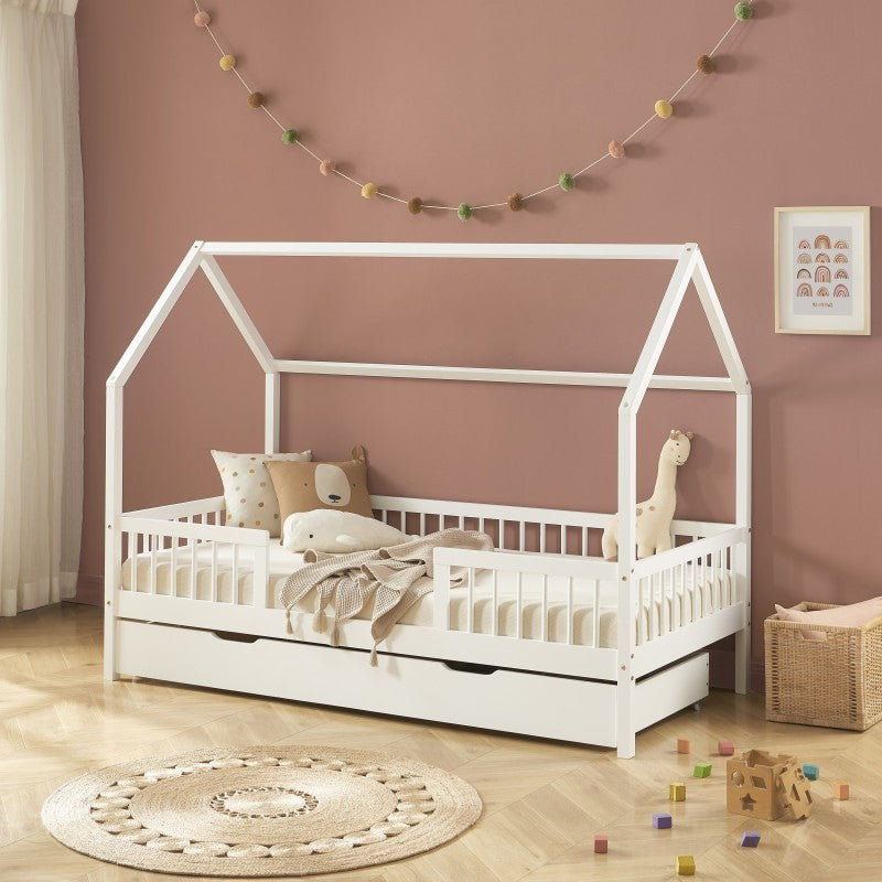 Lit Cabane Avec Barrières Et Tiroir Luna Blanc 90x190 - Laïba Kids